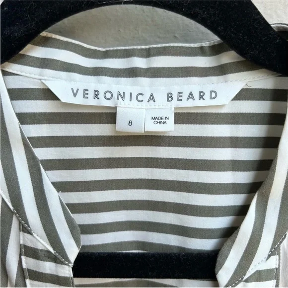 Veronica Beard Ruched Striped Shirtdress White & Olive Green Size 8 - Picture 8 of 13